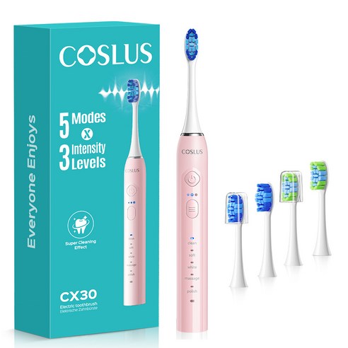 핑크색 COSLUS C30 전동칫솔과 헤드 4개 구성